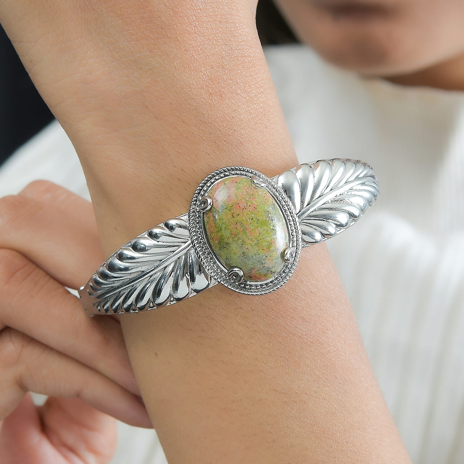 Unakite 25.00 ctw Cuff Bracelet Stainless Steel 7.50 In