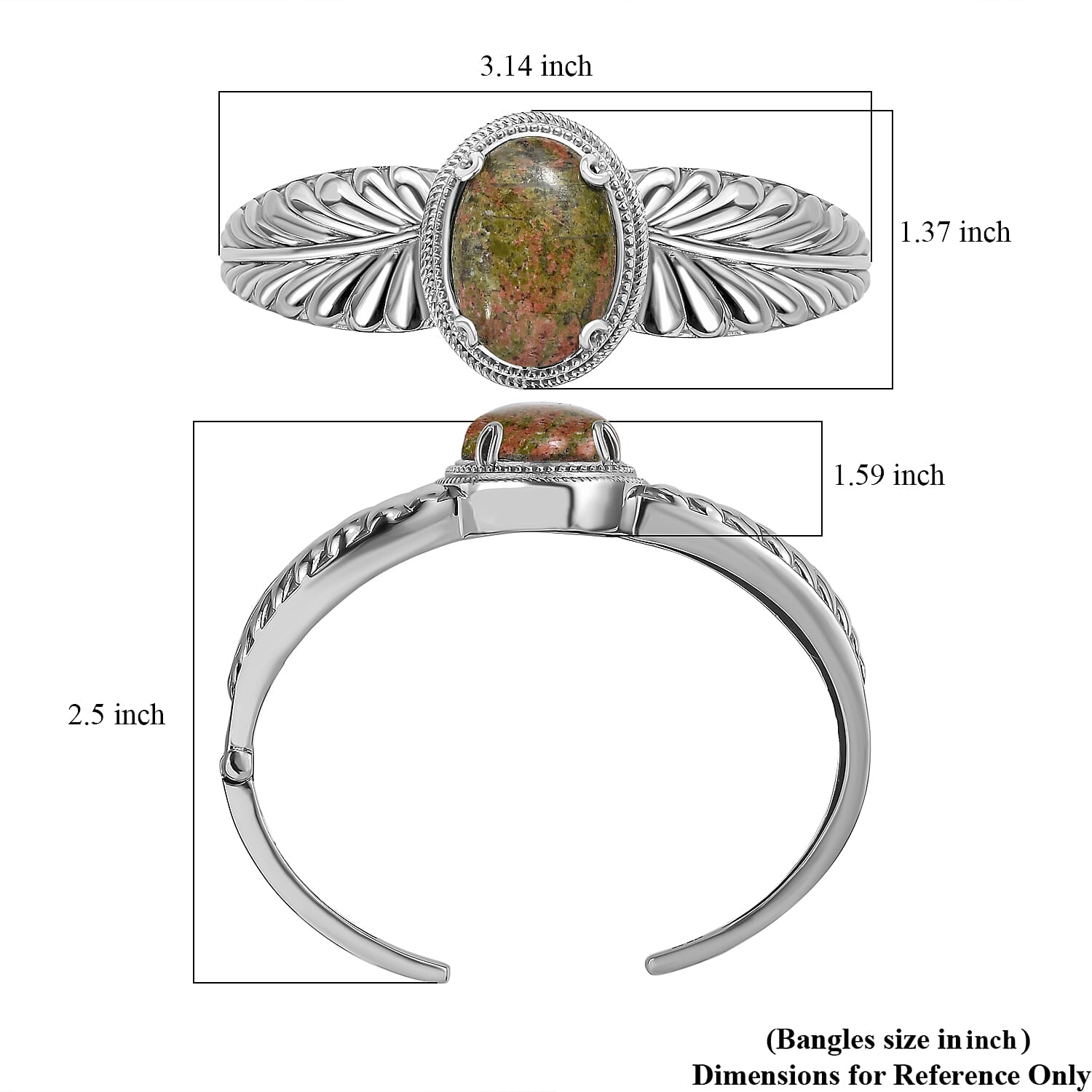 Unakite 25.00 ctw Cuff Bracelet Stainless Steel 7.50 In