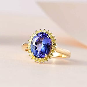 Luxoro Premium Tanzanite and I3 Natural Yellow Diamond 3.00 ctw Sunburst Ring in 10K Yellow Gold (Size 7.0)