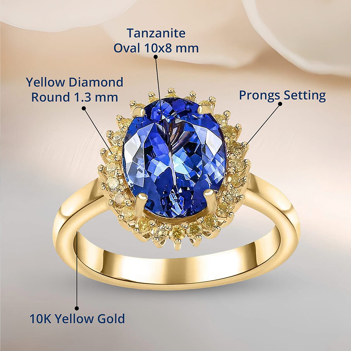 Luxoro 10K Yellow Gold Premium Tanzanite and I3 Natural Yellow Diamond Sunburst Ring (Size 8.0) 3.00 ctw image number 4
