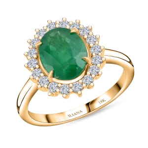 Iliana 18K Yellow Gold AAA Kagem Zambian Emerald and G-H SI Diamond Halo Ring (Size 10.5) 4.90 Grams 3.00 ctw