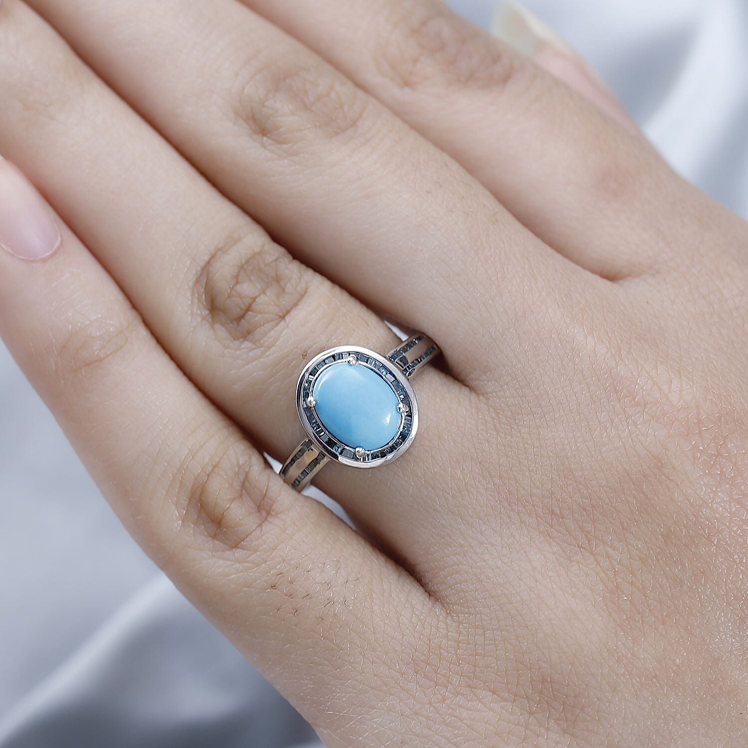 Sleeping Beauty Turquoise and Blue Diamond Halo Ring in Platinum Over Sterling Silver (Size 10.0) 1.90 ctw