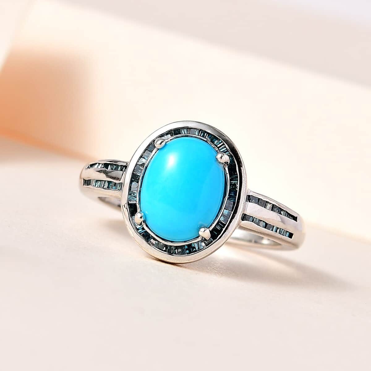 Sleeping Beauty Turquoise and Blue Diamond Halo Ring in Platinum Over Sterling Silver (Size 7.0) 1.90 ctw image number 1