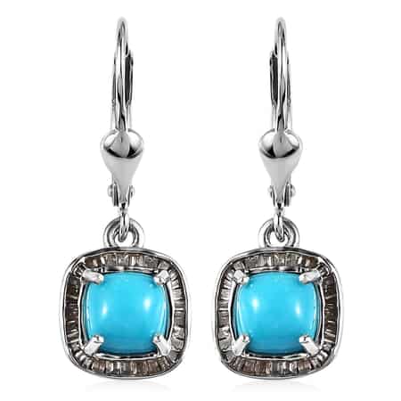 Sleeping Beauty Turquoise and Natural Champagne Diamond Lever Back Earrings in Platinum Over Sterling Silver 2.40 CTW , Shop LC