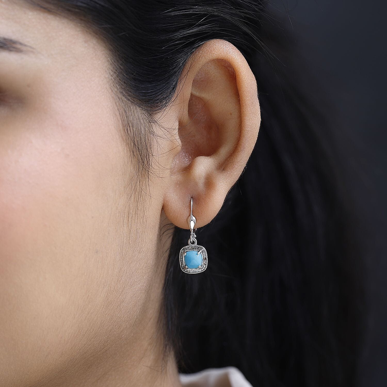 Sleeping Beauty Turquoise and Natural Champagne Diamond Lever Back Earrings in Platinum Over Sterling Silver 2.40 ctw