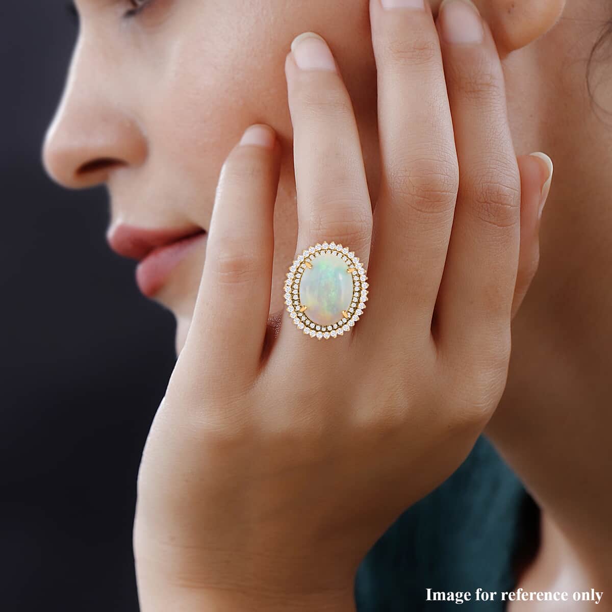 Iliana 18K Yellow Gold AAA Ethiopian Welo Opal and G-H SI Diamond Double Halo Ring (Size 5.5) 7.80 Grams 7.25 ctw image number 1