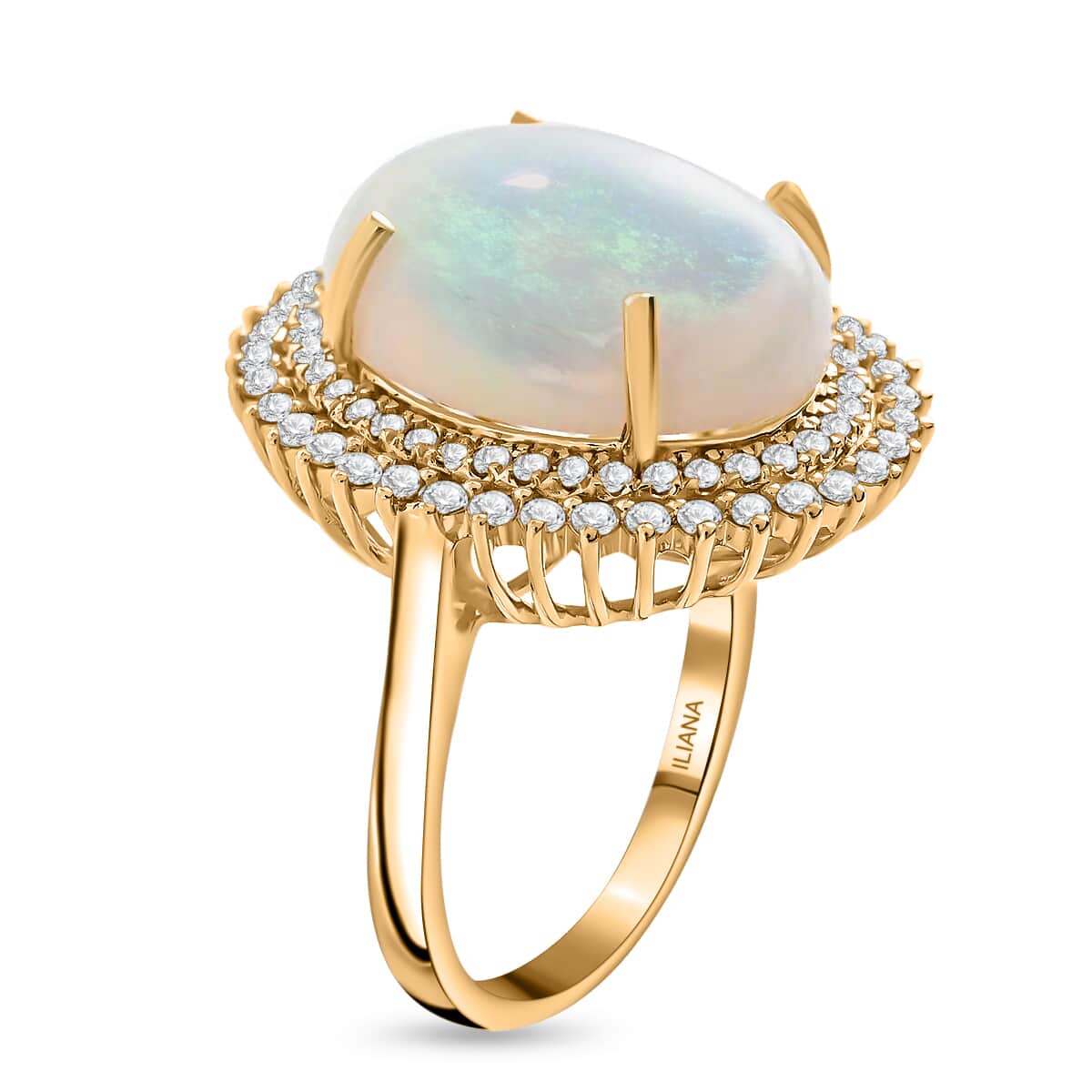 Iliana 18K Yellow Gold AAA Ethiopian Welo Opal and G-H SI Diamond Double Halo Ring (Size 5.5) 7.80 Grams 7.25 ctw image number 2