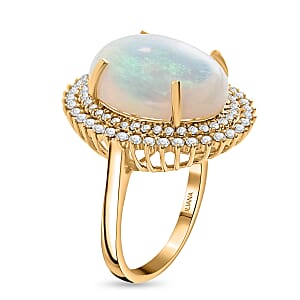 Iliana 18K Yellow Gold AAA Ethiopian Welo Opal and G-H SI Diamond Double Halo Ring (Size 5.5) 7.80 Grams 7.25 ctw