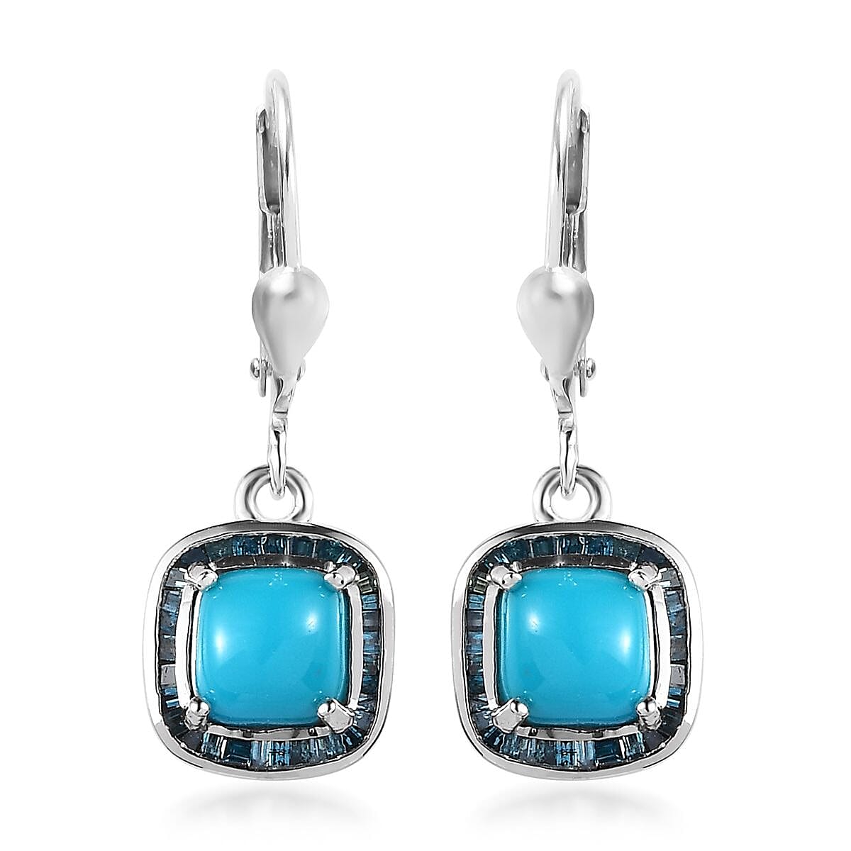 Sleeping Beauty Turquoise and Blue Diamond Lever Back Earrings in Platinum Over Sterling Silver 2.40 ctw