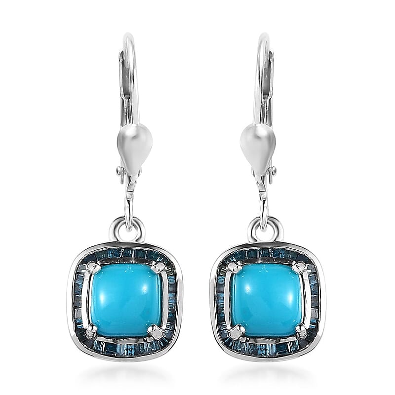 Sleeping Beauty Turquoise and Blue Diamond Lever Back Earrings in Platinum Over Sterling Silver 2.40 ctw
