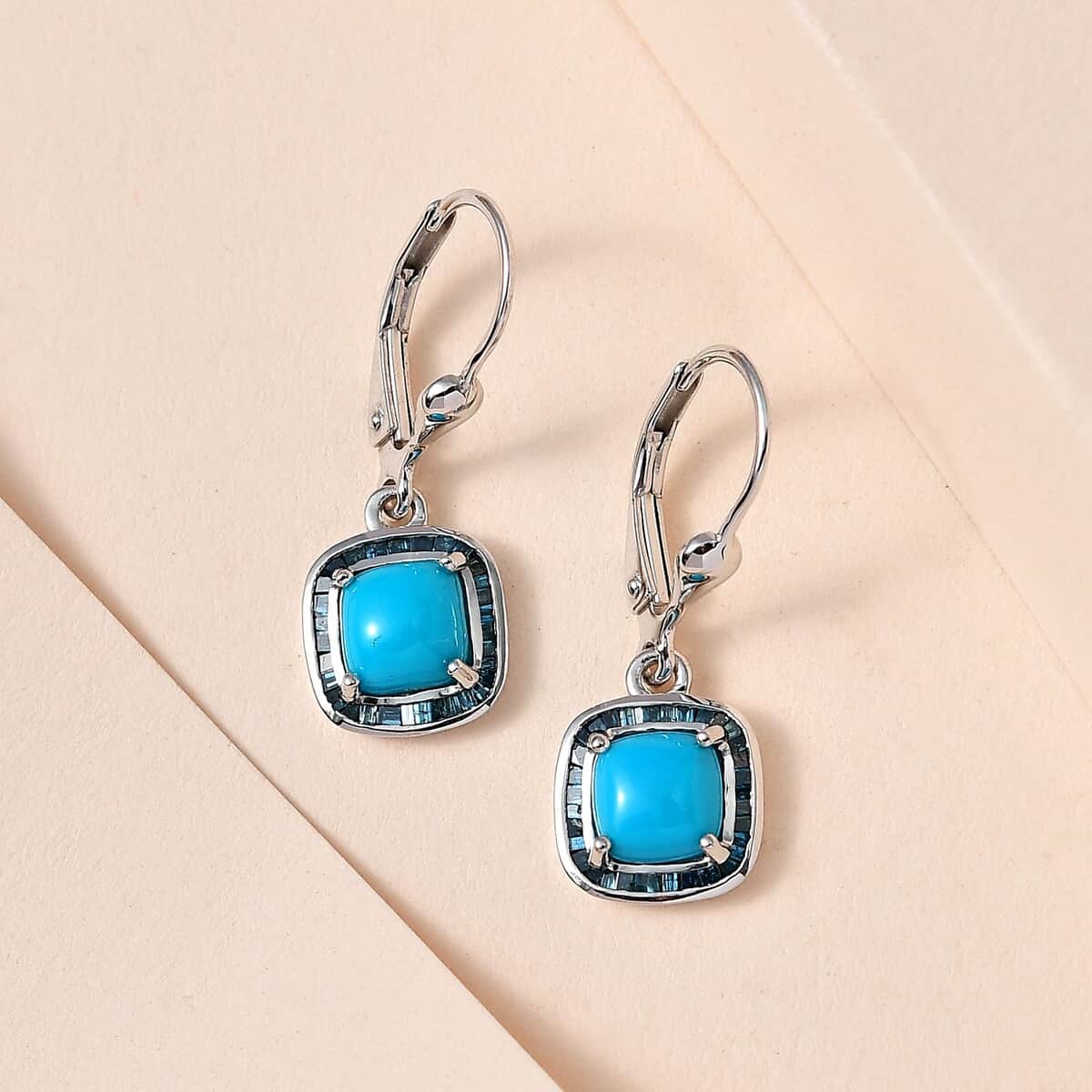 Sleeping Beauty Turquoise and Blue Diamond Lever Back Earrings in Platinum Over Sterling Silver 2.40 ctw image number 1