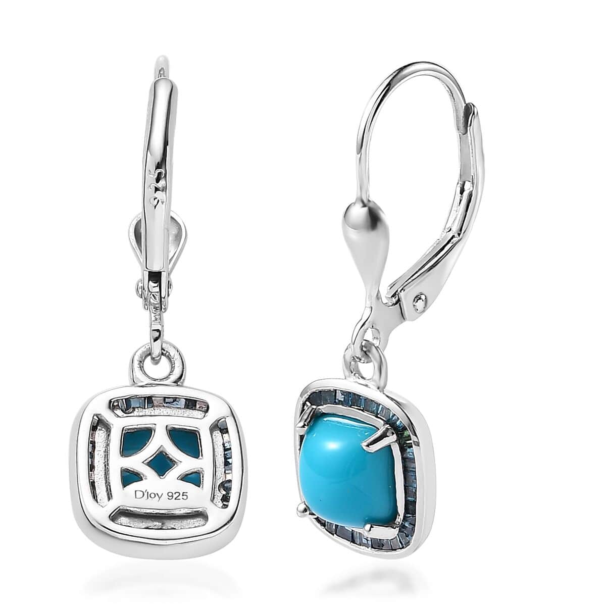 Sleeping Beauty Turquoise and Blue Diamond Lever Back Earrings in Platinum Over Sterling Silver 2.40 ctw image number 3