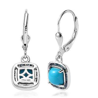 Sleeping Beauty Turquoise and Blue Diamond Lever Back Earrings in Platinum Over Sterling Silver 2.40 ctw