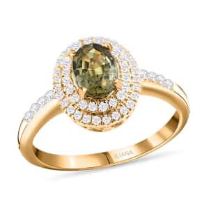 Iliana 18K Yellow Gold AAA Ambanja Demantoid Garnet and G-H SI Diamond Double Halo Ring (Size 5.5) 4.45 Grams 1.25 ctw