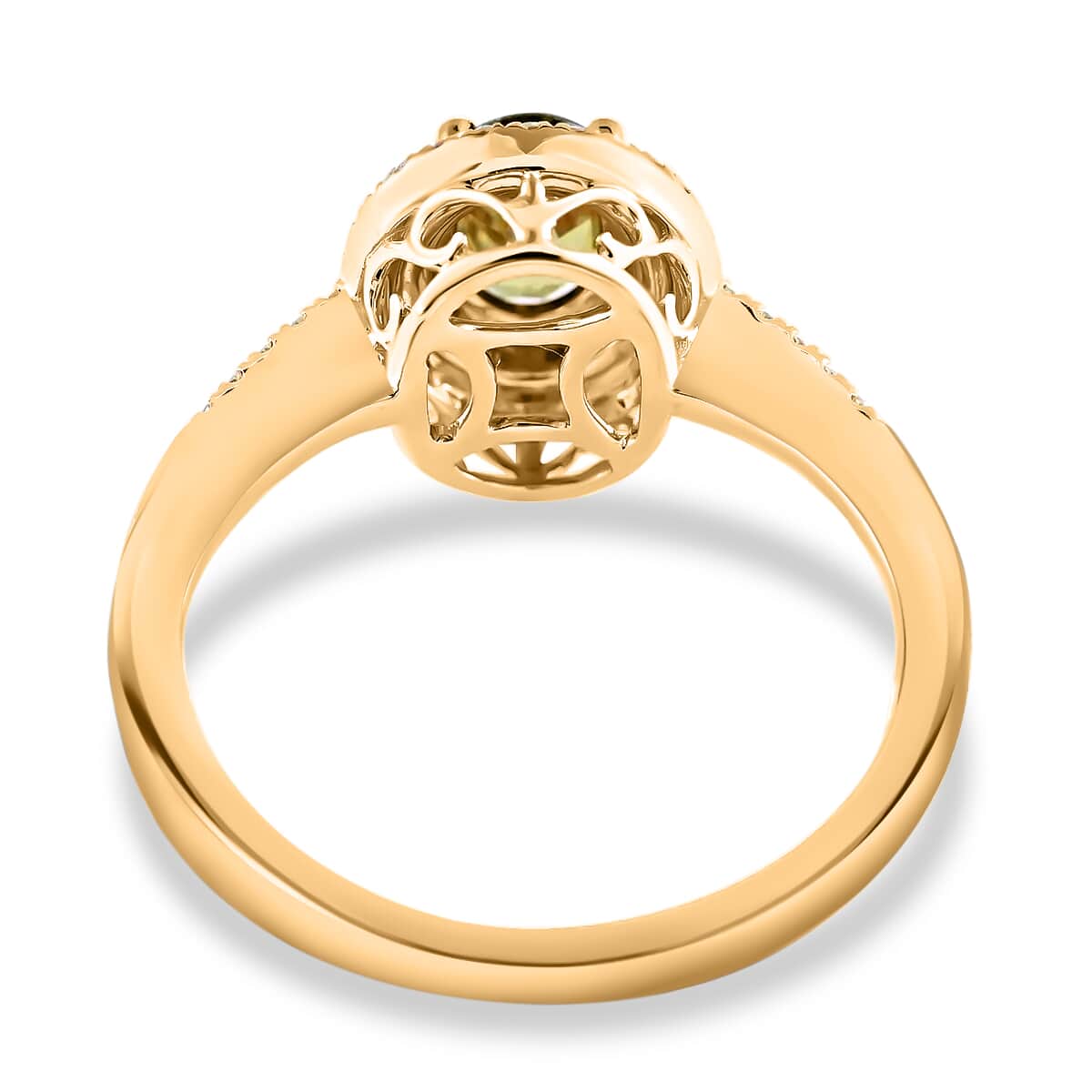 Iliana 18K Yellow Gold AAA Ambanja Demantoid Garnet and G-H SI Diamond Double Halo Ring (Size 5.5) 4.45 Grams 1.25 ctw image number 3