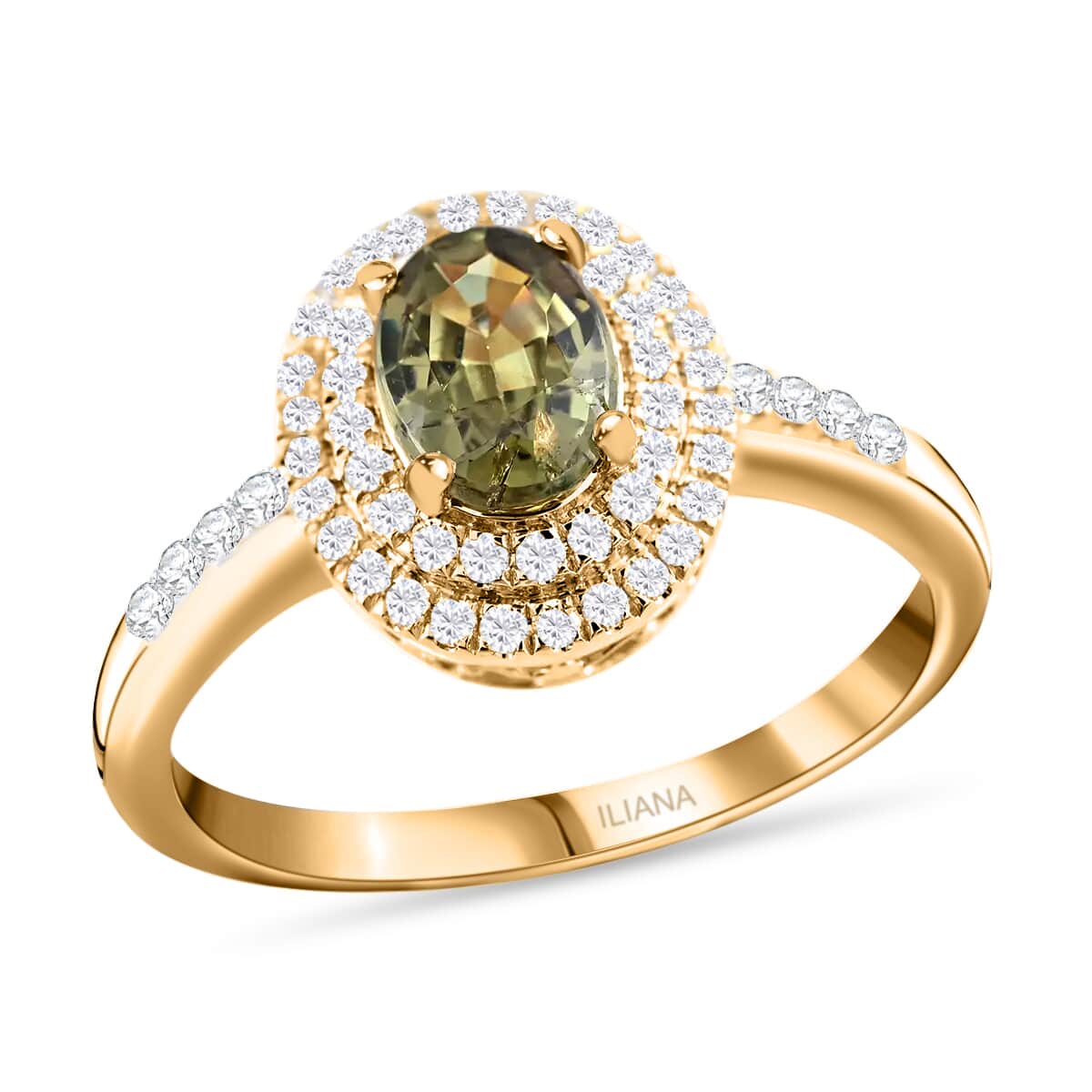 Iliana 18K Yellow Gold AAA Ambanja Demantoid Garnet and G-H SI Diamond Double Halo Ring (Size 6.5) 4.45 Grams 1.25 ctw image number 0