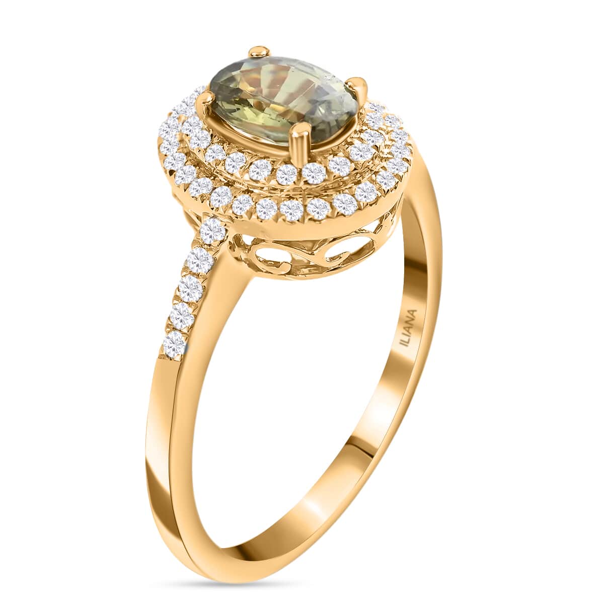 Iliana 18K Yellow Gold AAA Ambanja Demantoid Garnet and G-H SI Diamond Double Halo Ring (Size 6.5) 4.45 Grams 1.25 ctw image number 2