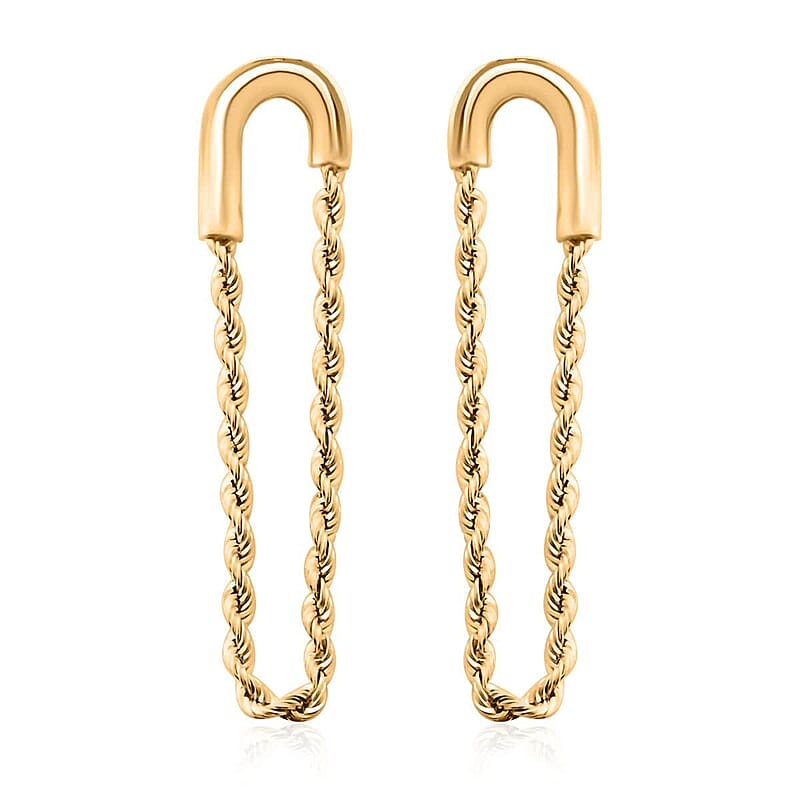 14K Yellow Gold Safety Pin Diamond-Cut Rope Chain Dangling Earrings 1.50 Grams