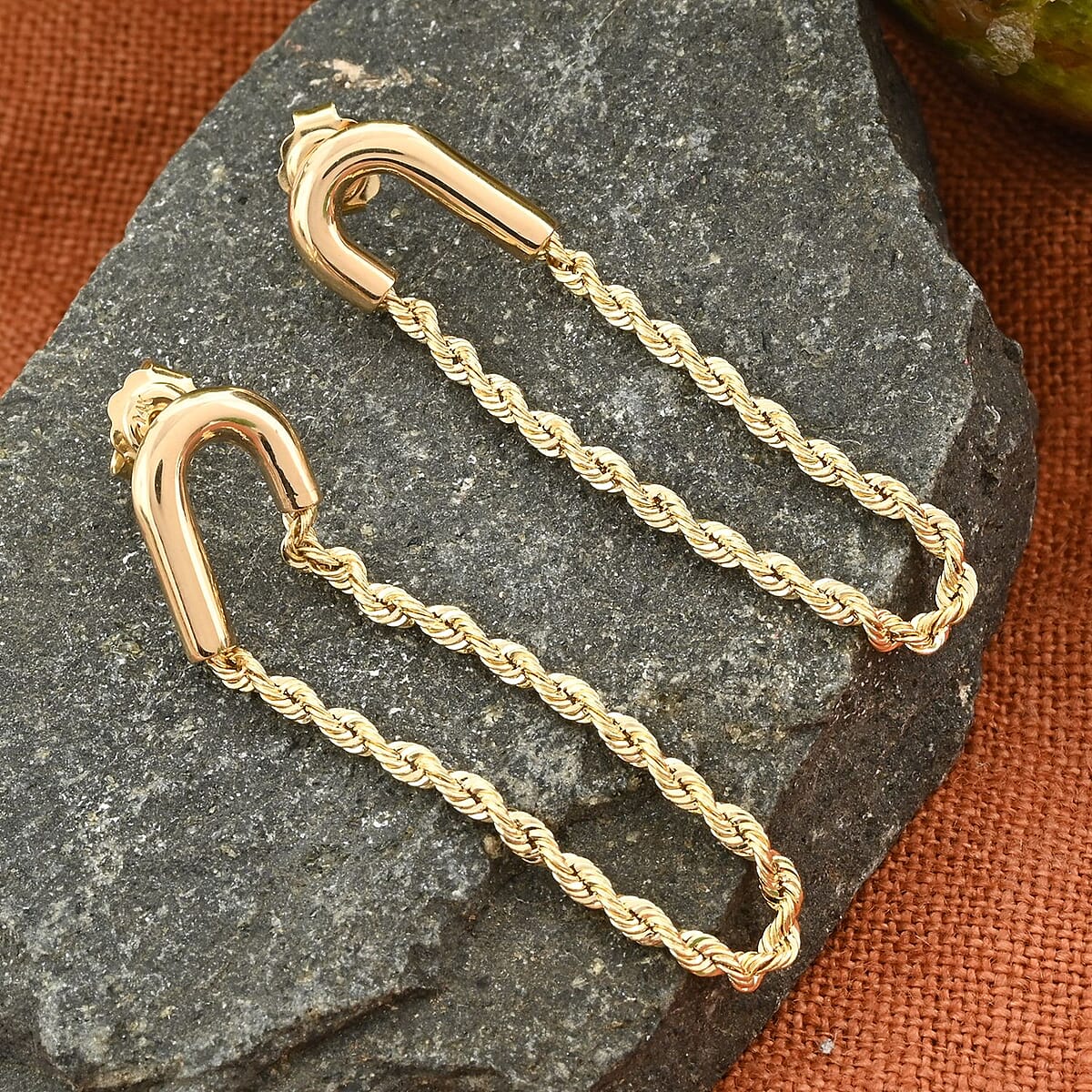 14K Yellow Gold Safety Pin Diamond-Cut Rope Chain Dangling Earrings 1.50 Grams image number 1