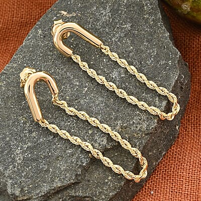 14K Yellow Gold Safety Pin Diamond-Cut Rope Chain Dangling Earrings 1.50 Grams