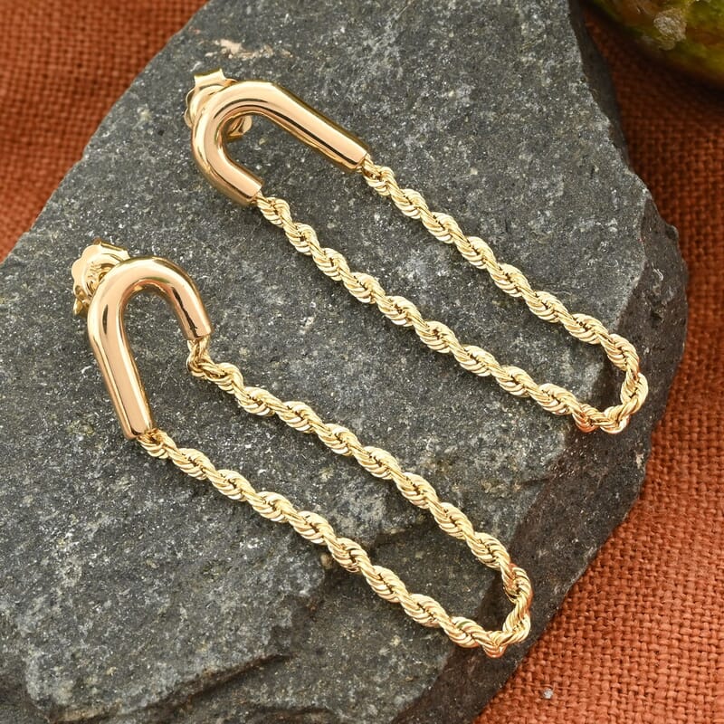 14K Yellow Gold Safety Pin Diamond-Cut Rope Chain Dangling Earrings 1.50 Grams