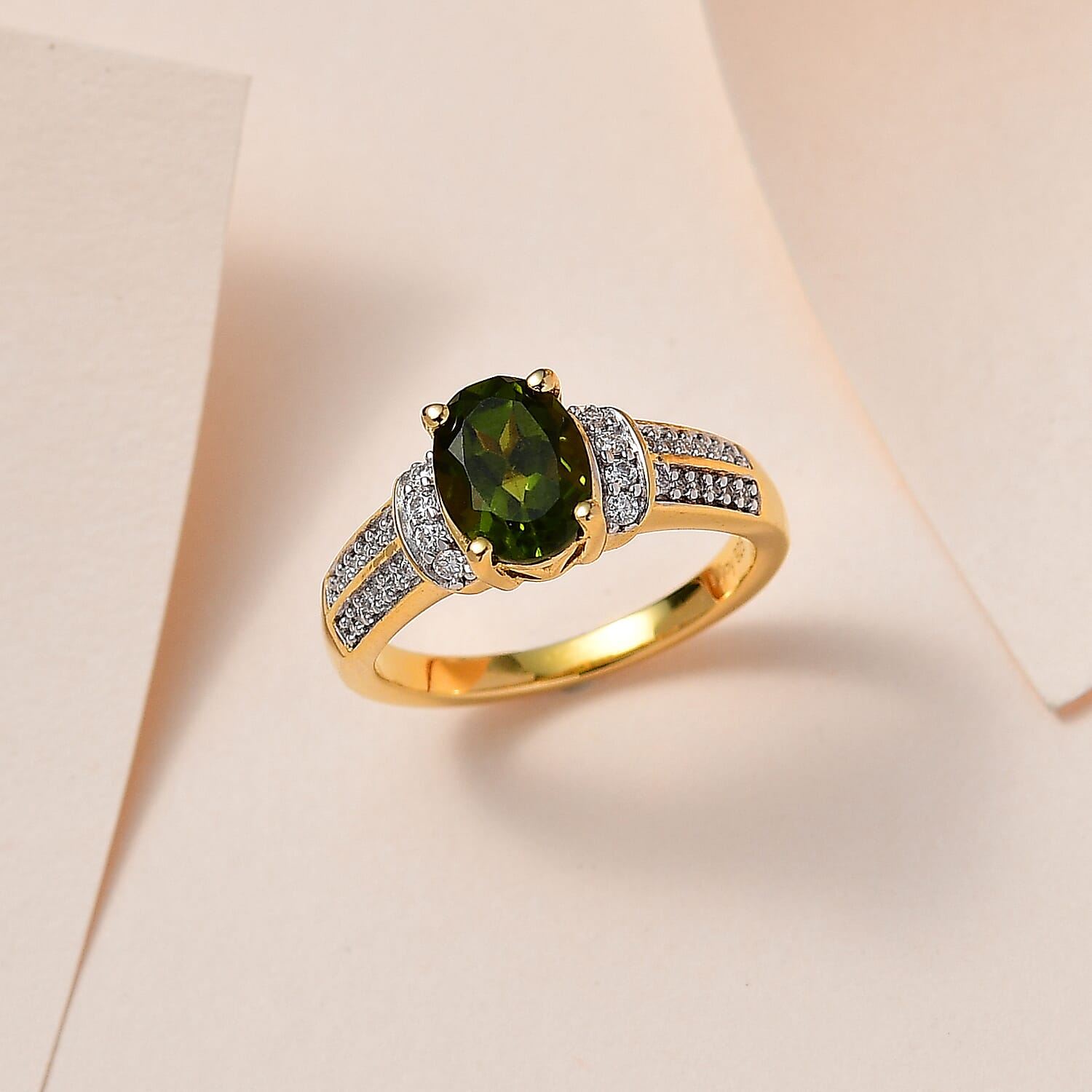 Italian Natural Vesuvianite and Moissanite Ring in Vermeil Yellow Gold Over Sterling Silver (Size 10.0) 1.35 ctw