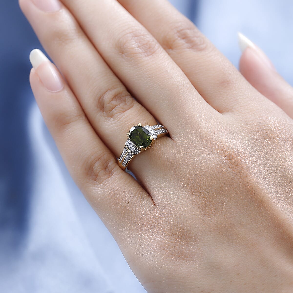 Italian Natural Vesuvianite and Moissanite Ring in Vermeil Yellow Gold Over Sterling Silver 1.35 ctw image number 2
