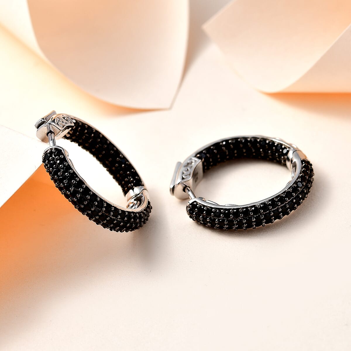 Thai Black Spinel Hoop Earrings in Platinum Over Sterling Silver 3.50 ctw image number 1