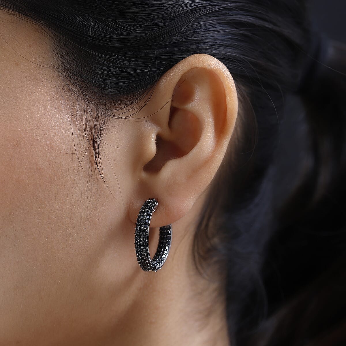 Thai Black Spinel Hoop Earrings in Platinum Over Sterling Silver 3.50 ctw image number 2