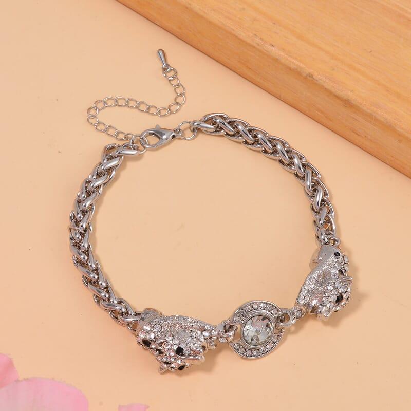 Black and White Austrian Crystal and Enameled Tiger Bracelet in Silvertone (8.0-10In)