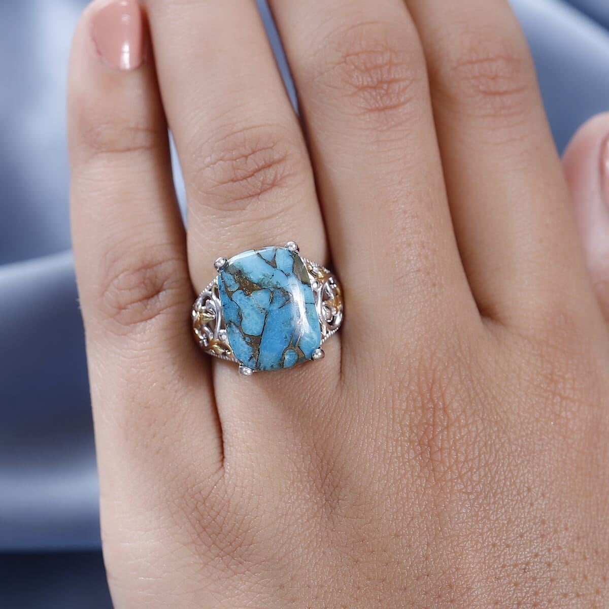 Karis Mojave Blue Turquoise Solitaire Ring in 18K YG Plated and Platinum Bond 10.80 ctw image number 2