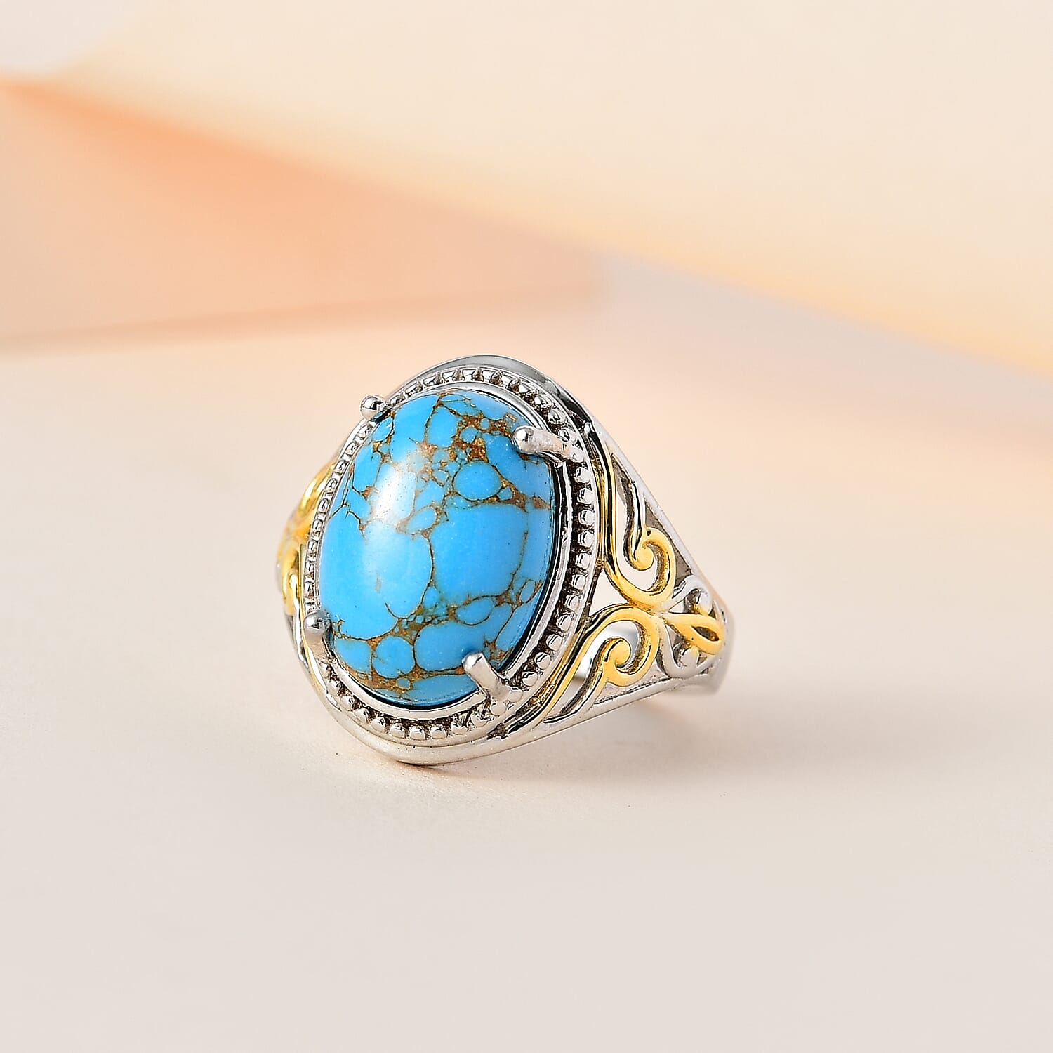 Karis Mojave Blue Turquoise Solitaire Ring in 18K YG Plated and Platinum Bond (Size 10.0) 5.35 ctw