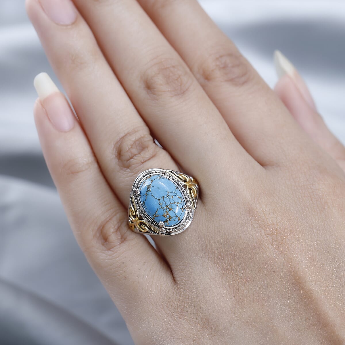 Karis Mojave Blue Turquoise Solitaire Ring in 18K YG Plated and Platinum Bond (Size 10.0) 5.35 ctw image number 2