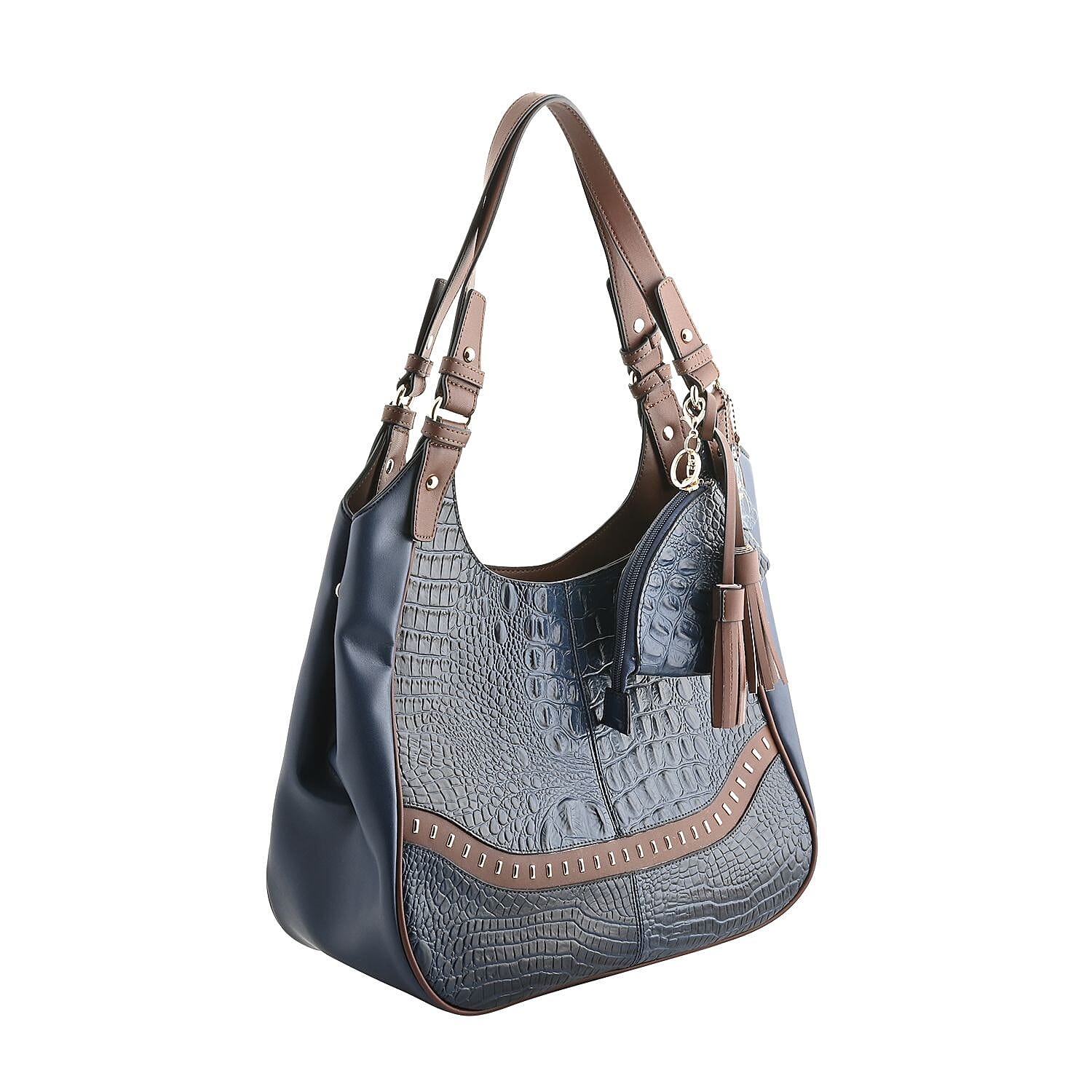 MC Jade Navy Croco Embossed Genuine Leather Tote with Matching Coin Pouch