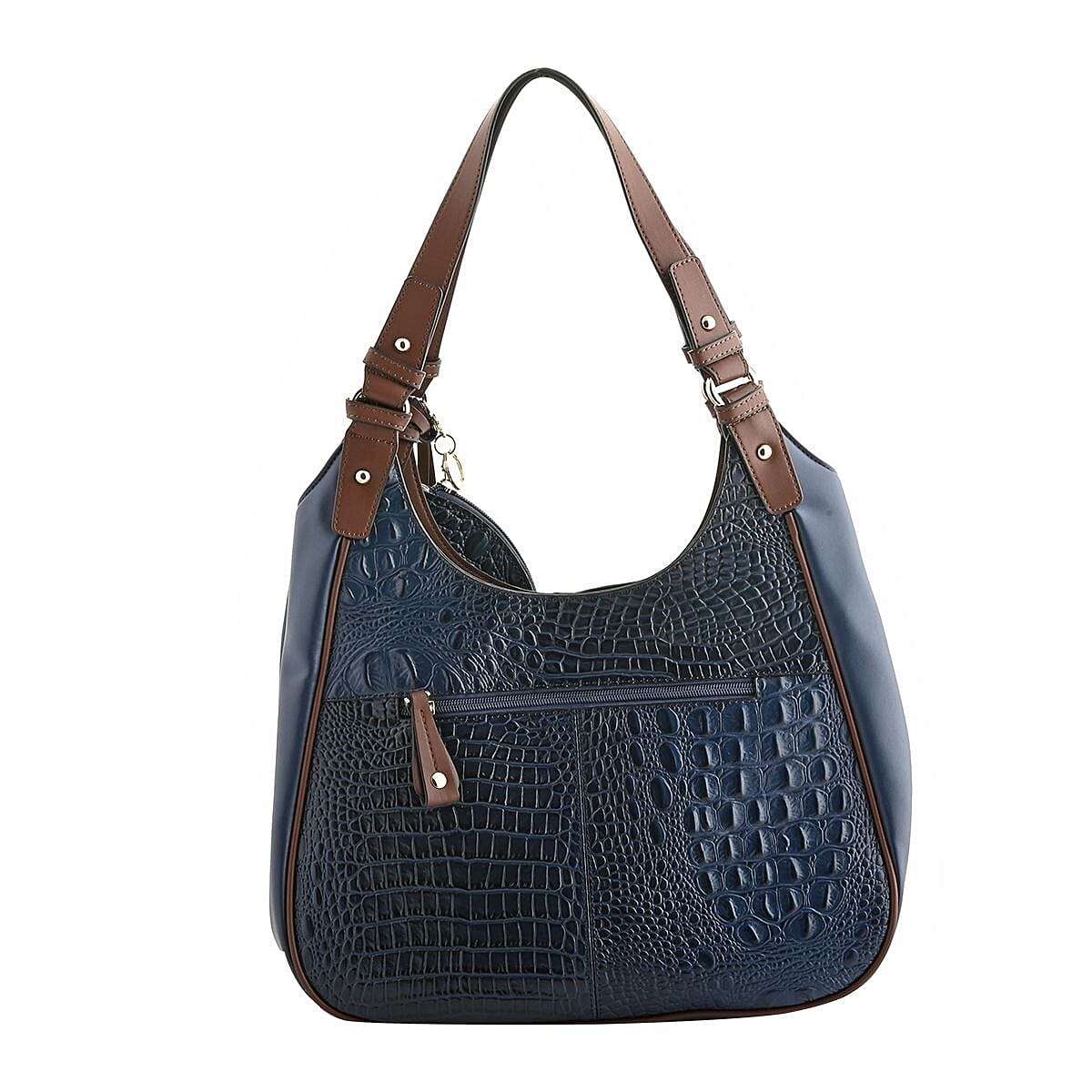 MC Jade Navy Croco Embossed Genuine Leather Tote with Matching Coin Pouch