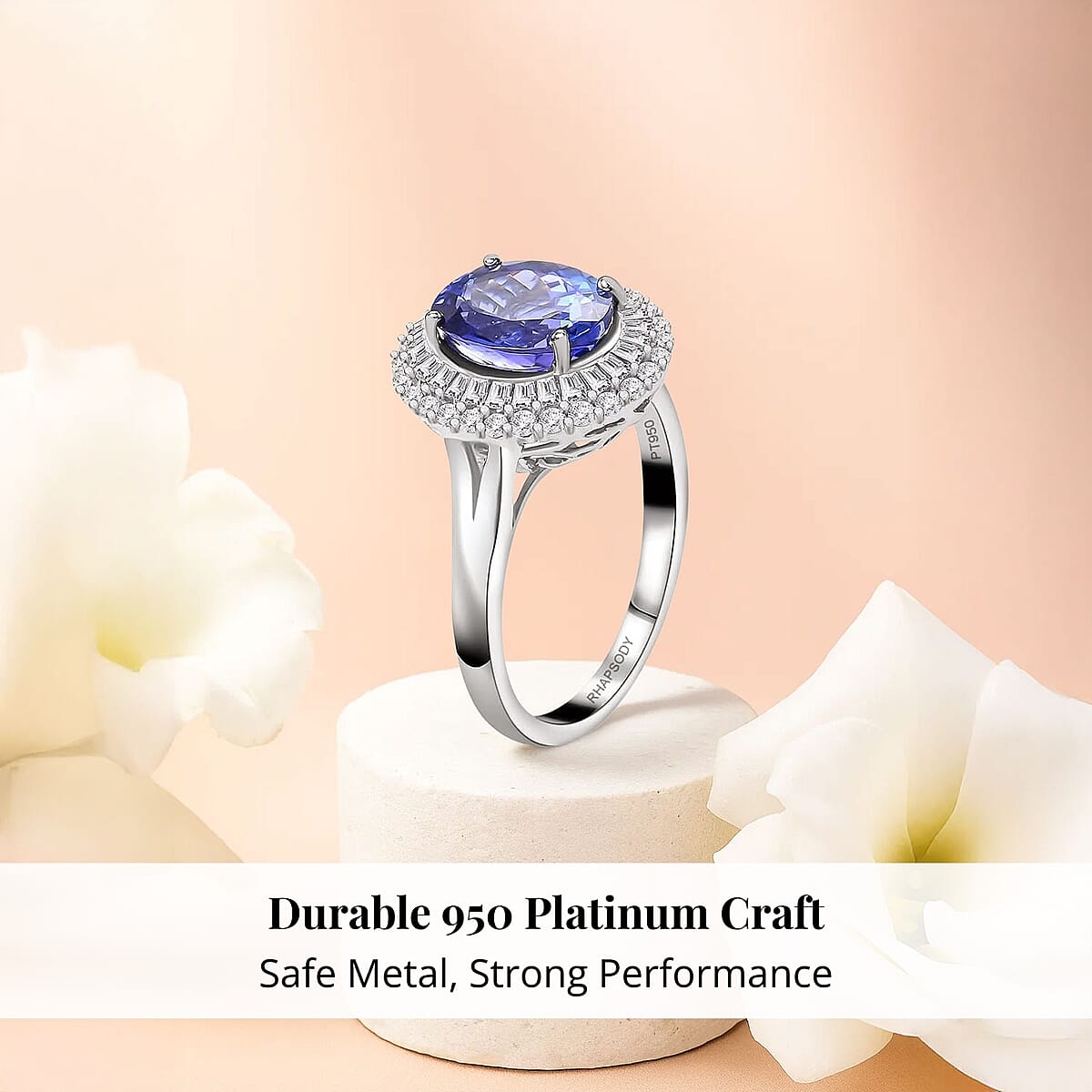 Rhapsody 950 Platinum AAAA Tanzanite and E-F VS Diamond Double Halo Ring (Size 6.5) 6.40 Grams 3.25 ctw  image number 2