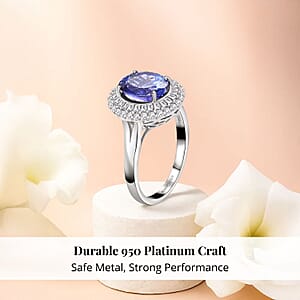 Rhapsody 950 Platinum AAAA Tanzanite and E-F VS Diamond Double Halo Ring (Size 6.5) 6.40 Grams 3.25 ctw 