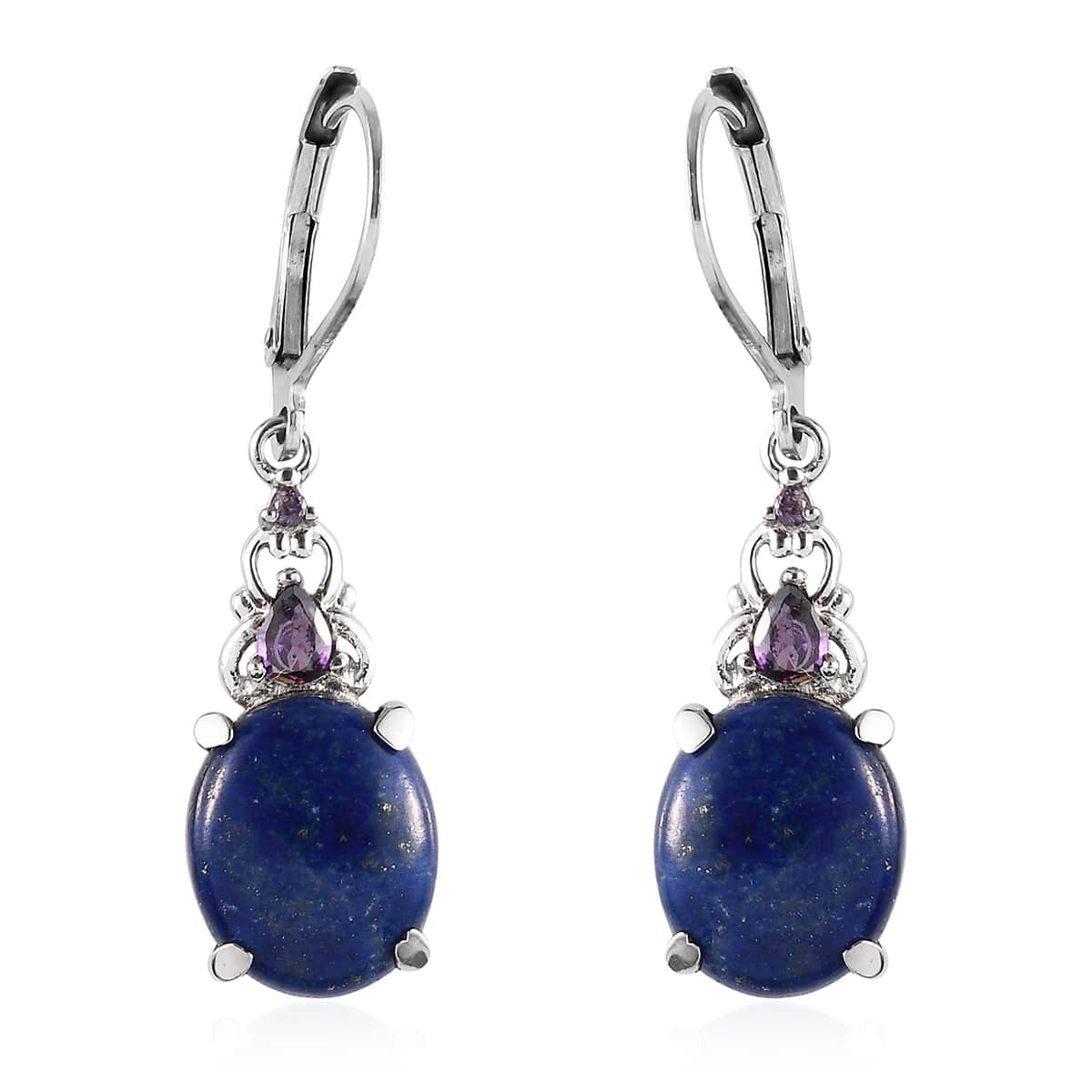 Lapis Lazuli, Simulated Amethyst Diamond Drop Lever Back Earrings in Stainless Steel 11.25 ctw image number 0