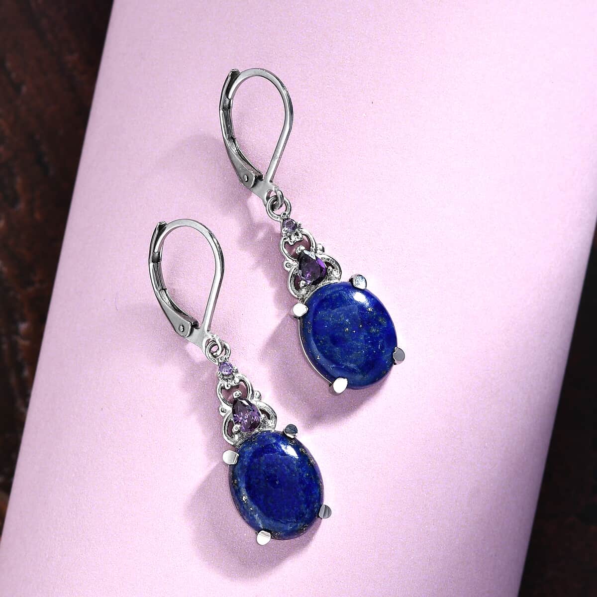 Lapis Lazuli, Simulated Amethyst Diamond Drop Lever Back Earrings in Stainless Steel 11.25 ctw image number 1