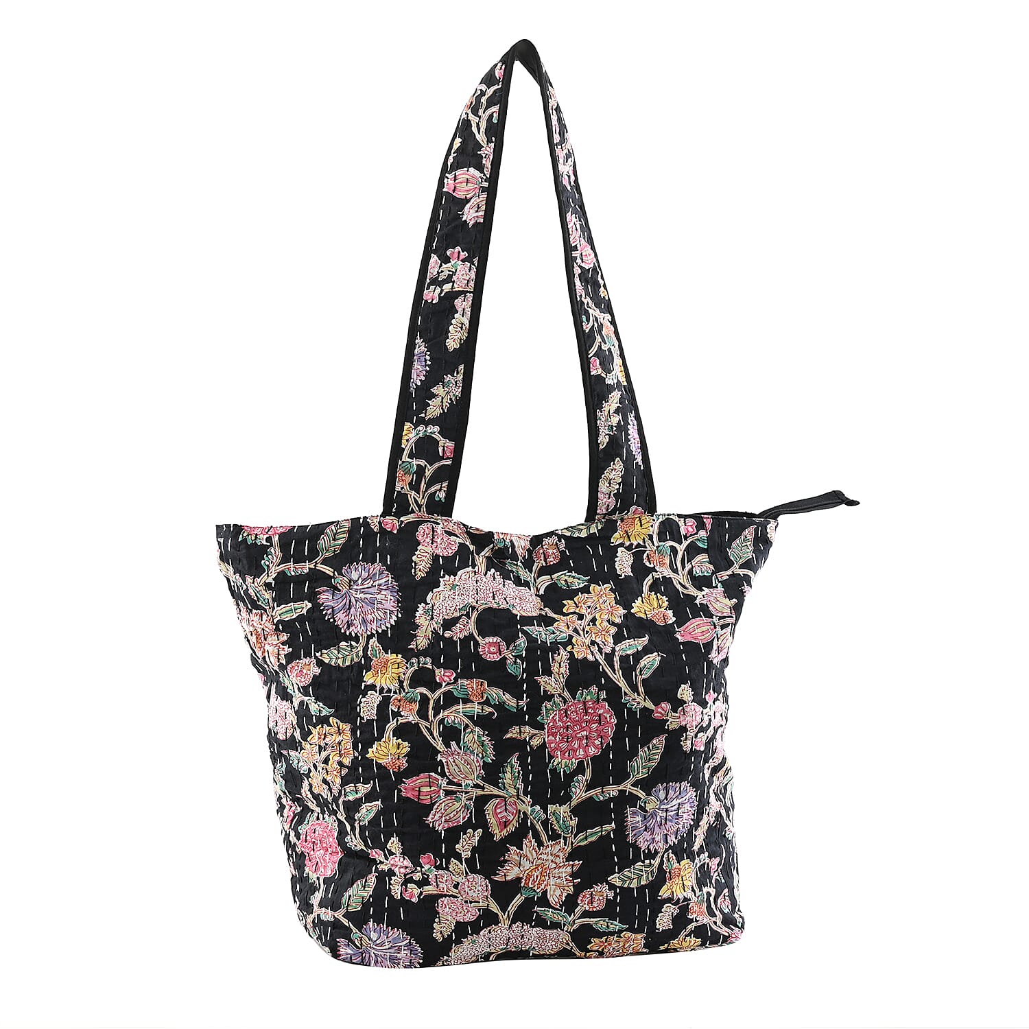 Black Floral Printed 100% Cotton Handmade Kantha Tote Bag