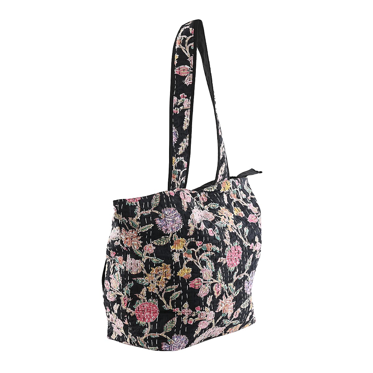 Black Floral Printed 100% Cotton Kantha Tote Bag (14"x18.5") image number 1