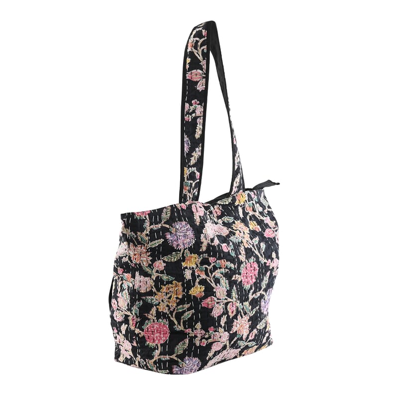 Black Floral Printed 100% Cotton Handmade Kantha Tote Bag