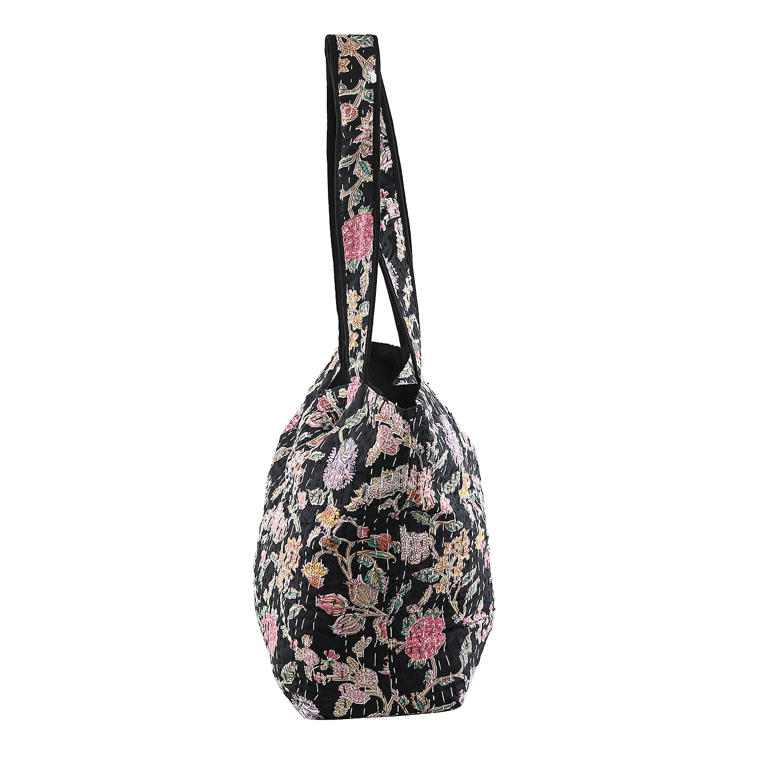 Black Floral Printed 100% Cotton Handmade Kantha Tote Bag