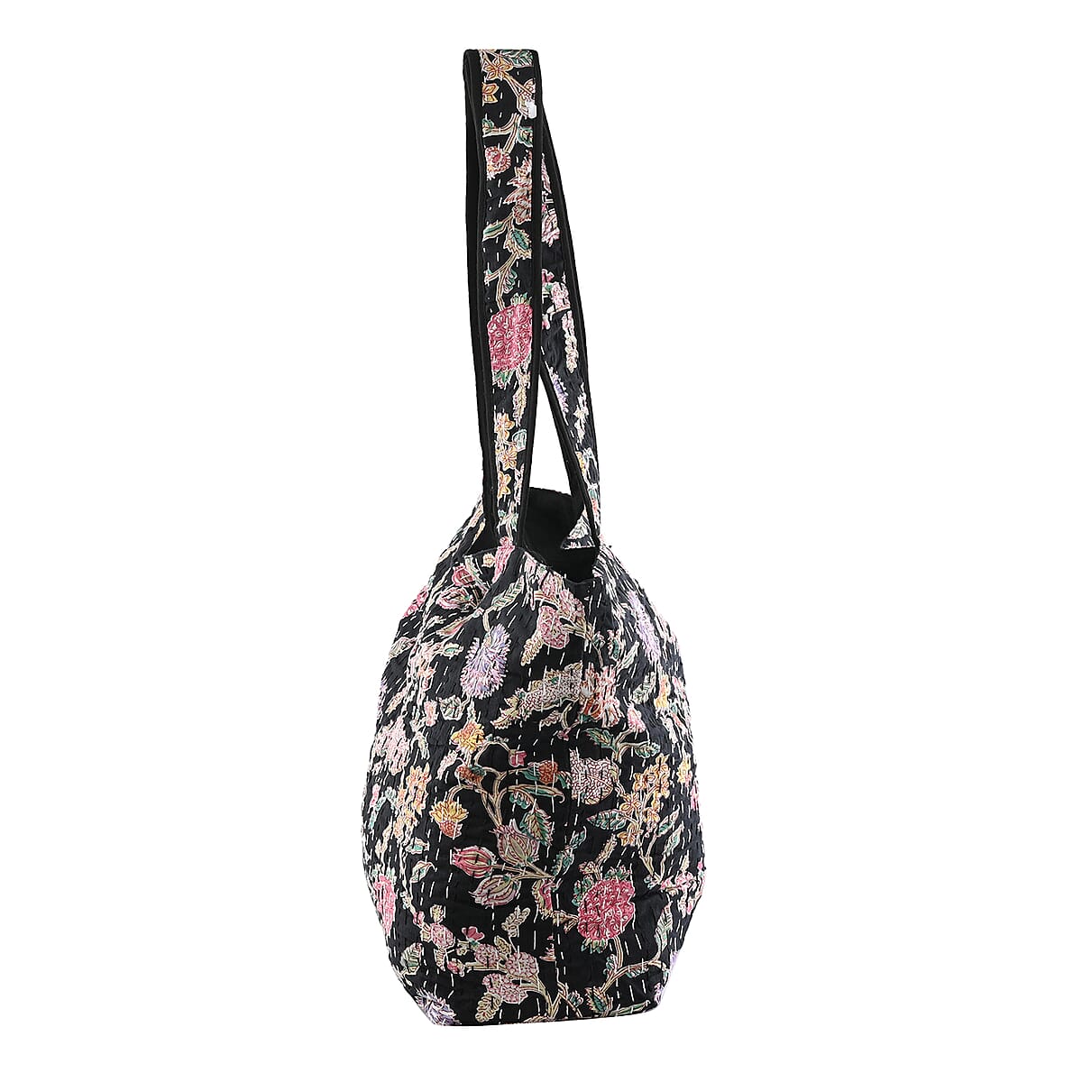 Black Floral Printed 100% Cotton Kantha Tote Bag (14"x18.5") image number 2