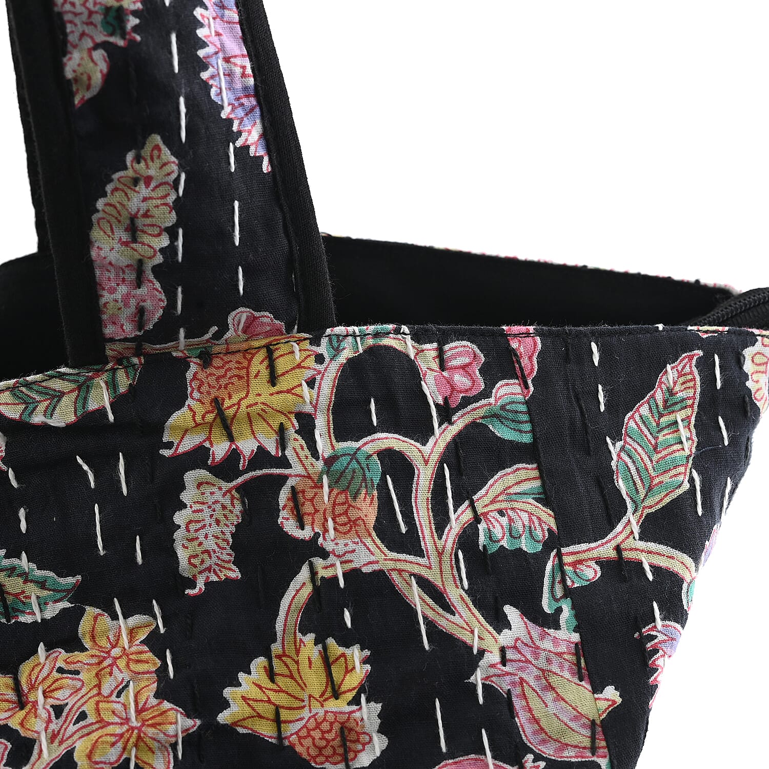 Black Floral Printed 100% Cotton Handmade Kantha Tote Bag