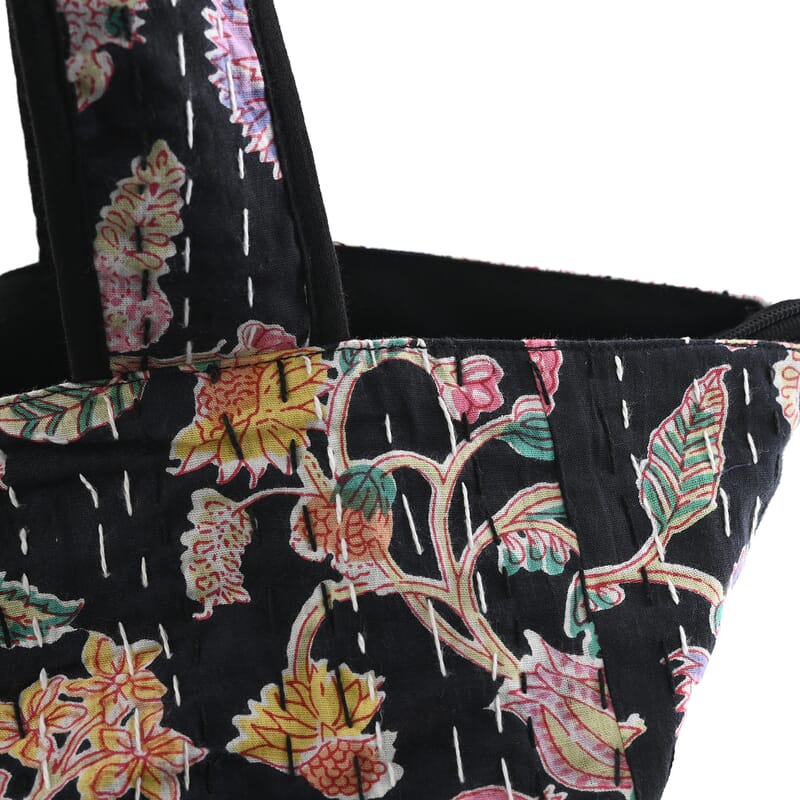 Black Floral Printed 100% Cotton Handmade Kantha Tote Bag