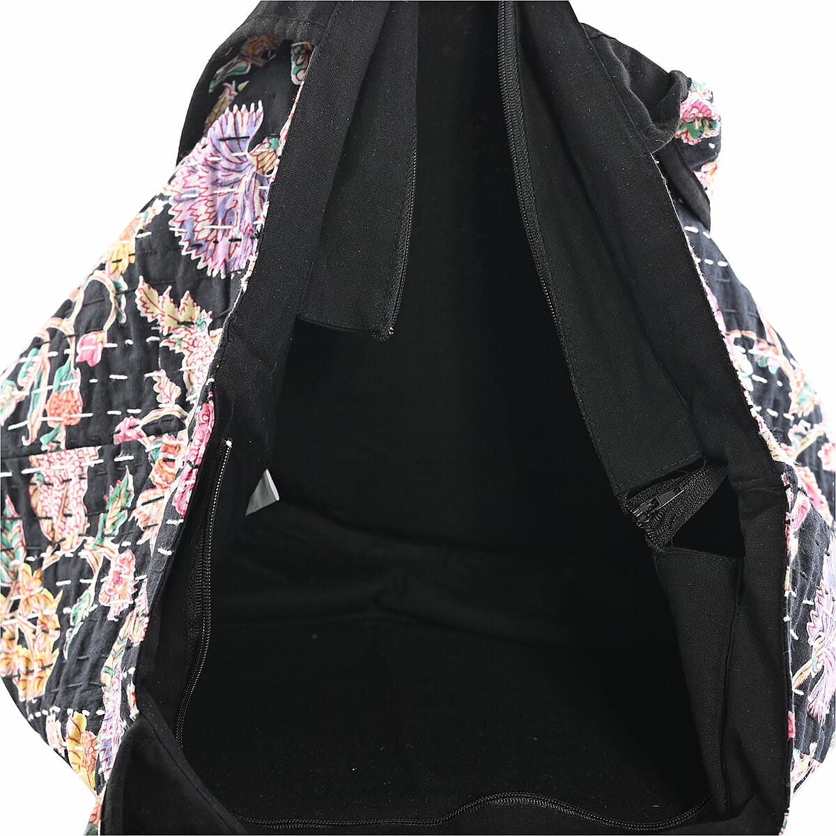 Black Floral Printed 100% Cotton Kantha Tote Bag (14"x18.5") image number 5