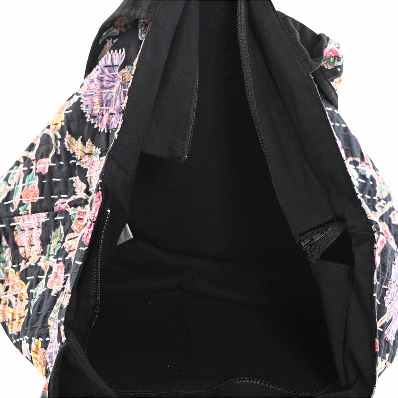 Black Floral Printed 100% Cotton Handmade Kantha Tote Bag