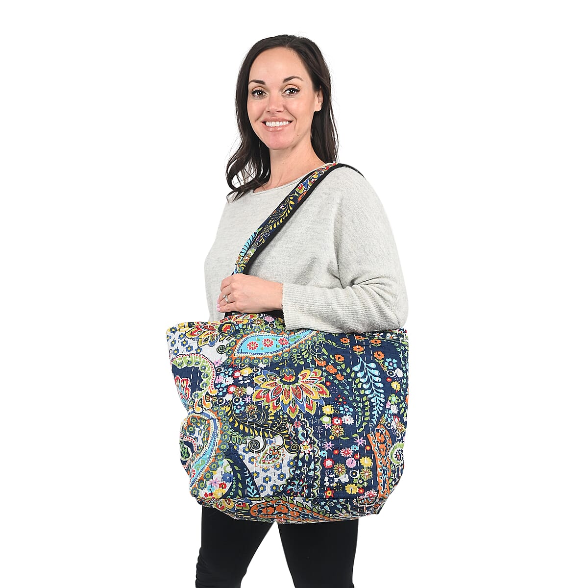 Navy Paisley Printed 100% Cotton Handmade Kantha Tote Bag image number 1