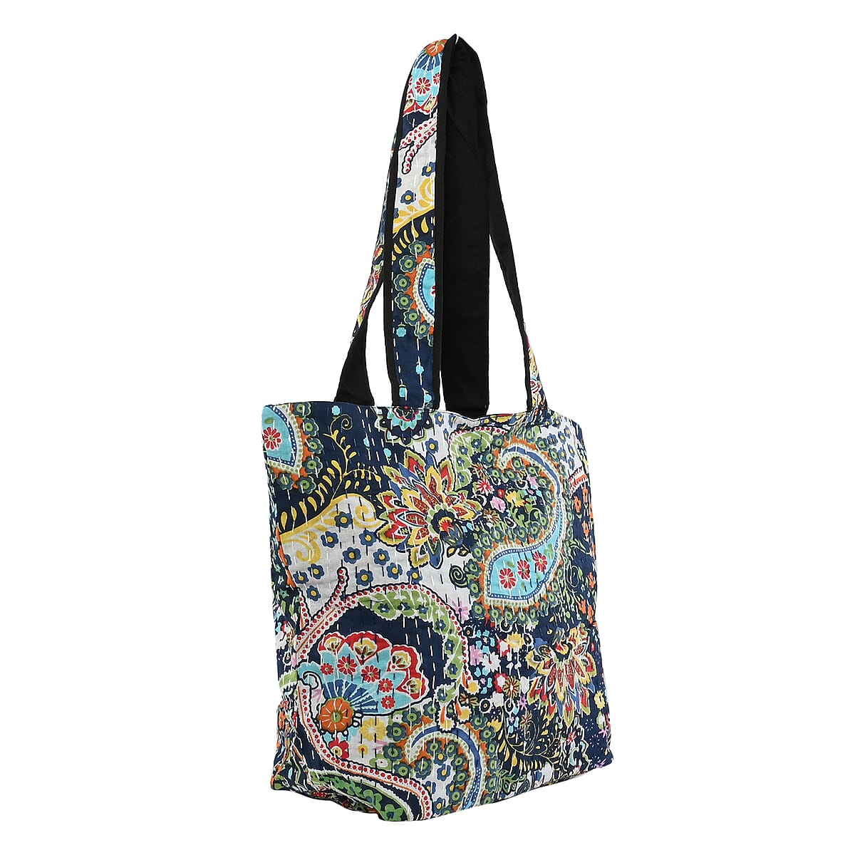 Navy Paisley Printed 100% Cotton Handmade Kantha Tote Bag image number 2